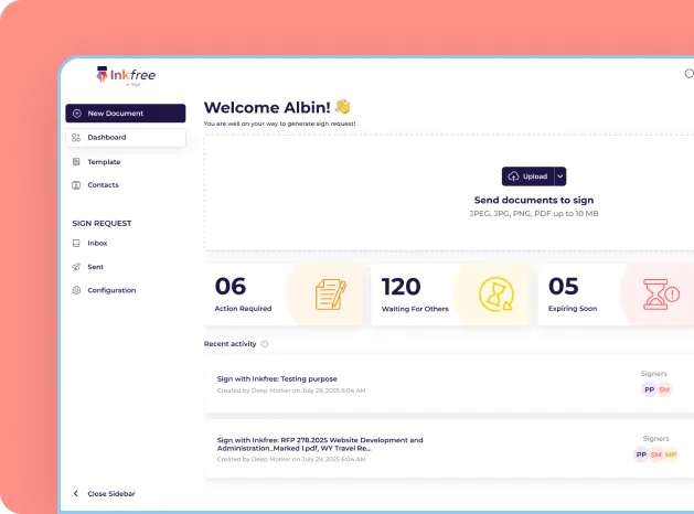 Inkfree e-signature software dashboard for secure digital document signing and workflow management