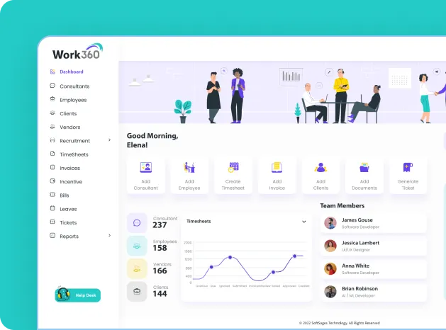 Work360 ERP software dashboard for HR, finance, operations, and business management
