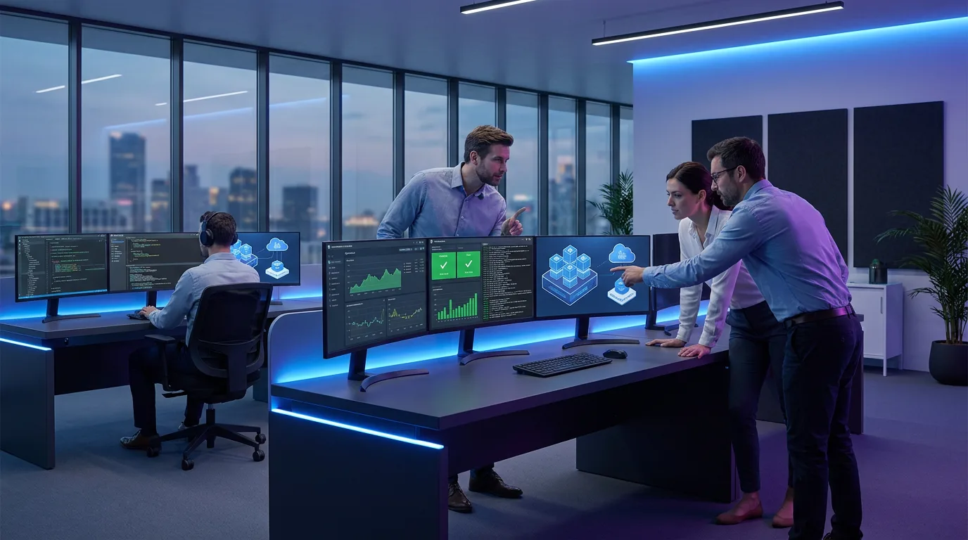 DevOps engineers monitoring CI/CD pipeline dashboard