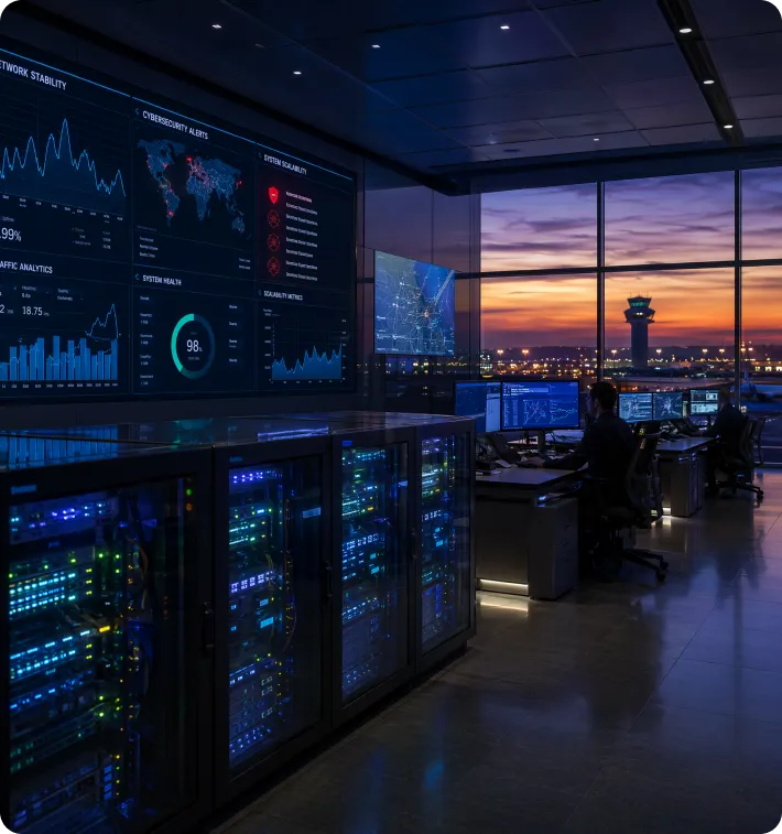 Airport operations center providing real-time monitoring and analytics