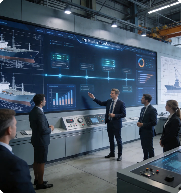 Team discussing shipyard compliance strategy